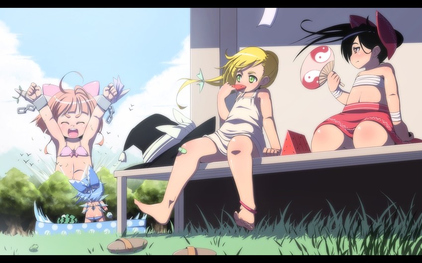 hakurei reimu, kirisame marisa, cirno, and ibuki suika (touhou) drawn by mimiru_(mimill)