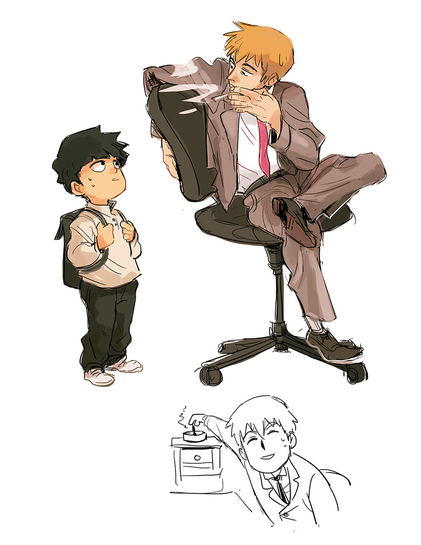 kageyama shigeo and reigen arataka (mob psycho 100) drawn by sydsir