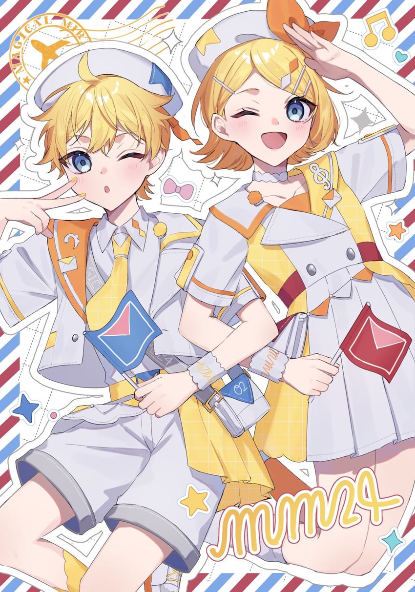 kagamine rin, kagamine len, magical mirai len, and magical mirai rin (vocaloid and 1 more) drawn by rabu_(airabuu5211)