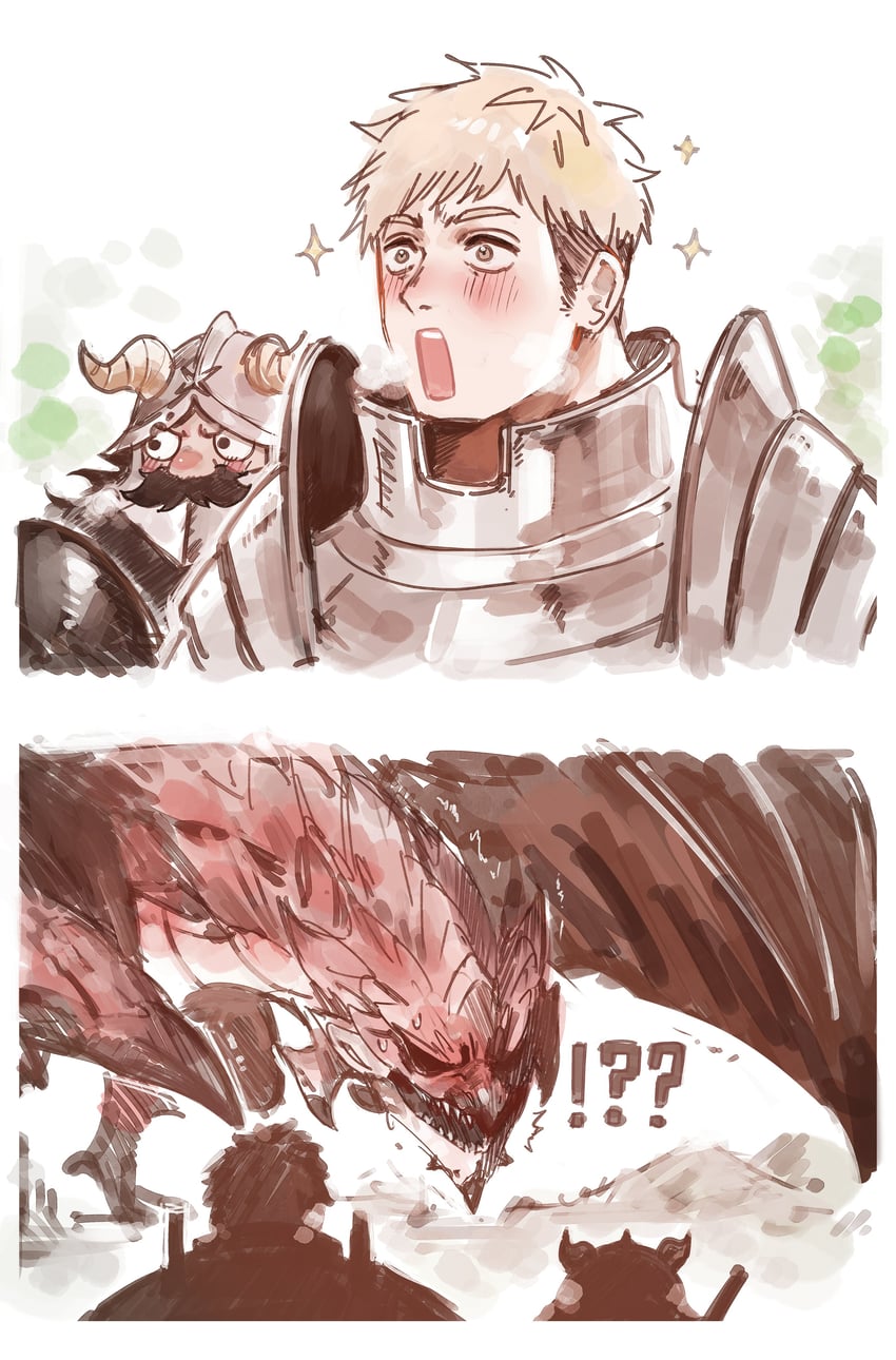 laios touden, senshi, and rathalos (dungeon meshi and 1 more) drawn by dokuro_deluxe