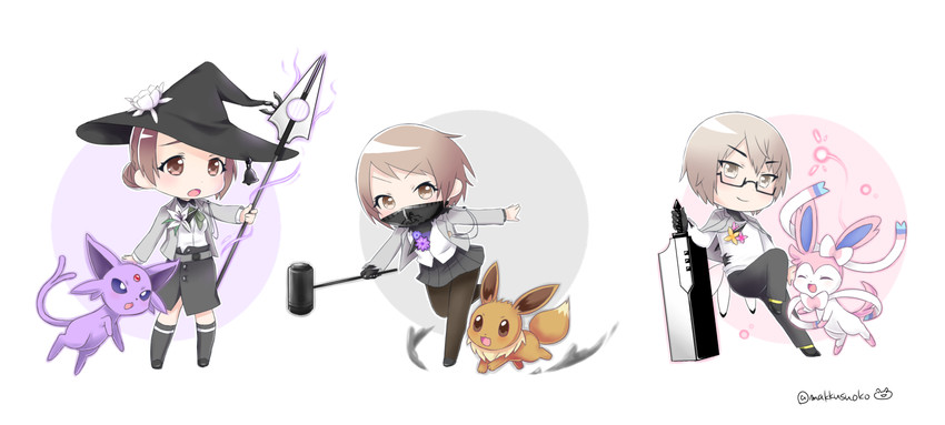 eevee, sylveon, espeon, kagura suzuna, hibiki kensuke, and 1 more (pokemon and 1 more) drawn by do_m_kaeru