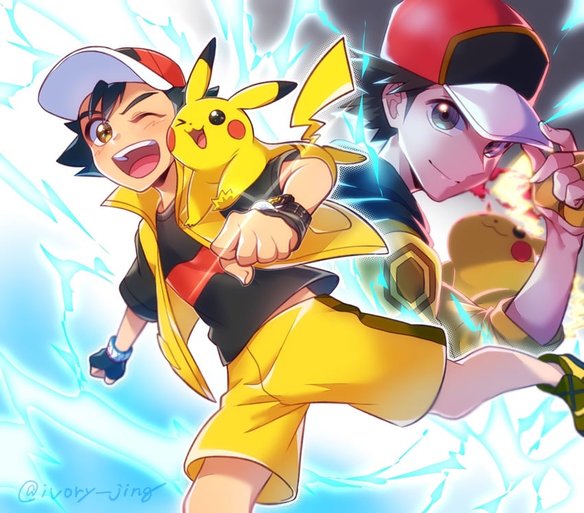 pikachu, ash ketchum, red, and gigantamax pikachu (pokemon and 1 more) drawn by ivory_(25680nico)