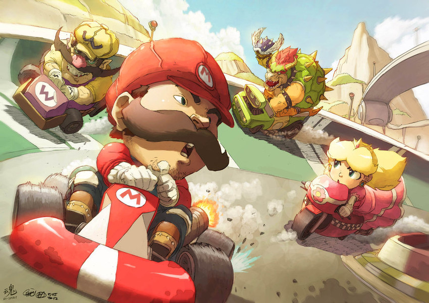 princess peach, mario, bowser, and wario (mario and 2 more) drawn by chamba and ry-spirit