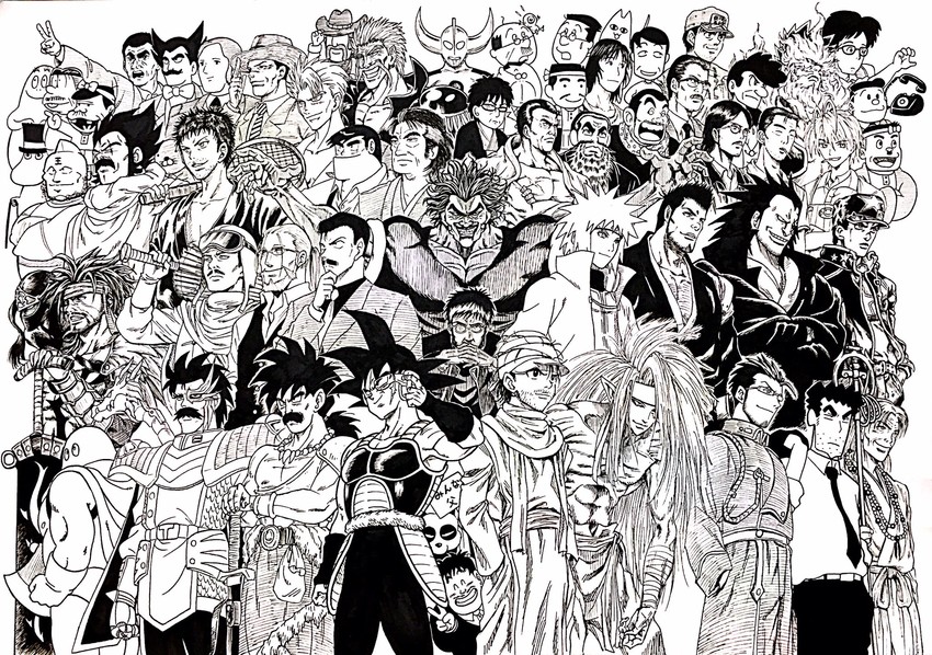 kujo jotaro, endeavor, bardock, ikari gendou, mihama chiyo's father, and 41 more (final fantasy and 52 more) drawn by lee_(dragon_garou)