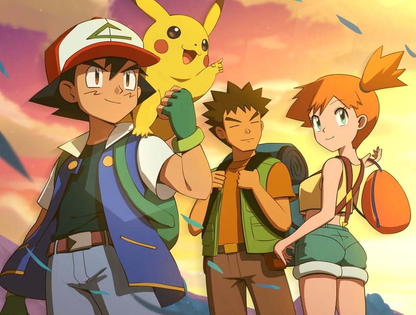 pikachu, ash ketchum, misty, and brock (pokemon) drawn by gonzarez
