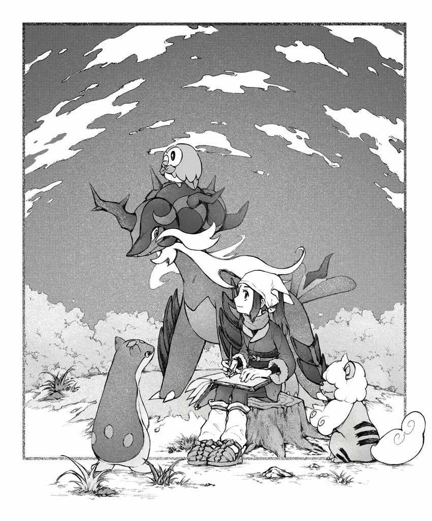 akari, rowlet, quilava, hisuian growlithe, and hisuian samurott (pokemon and 1 more) drawn by tan_carbonnn