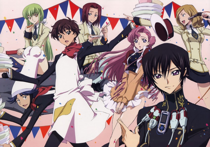 c.c., lelouch vi britannia, kouzuki kallen, kururugi suzaku, euphemia li britannia, and 2 more (code geass) drawn by ishida_kana