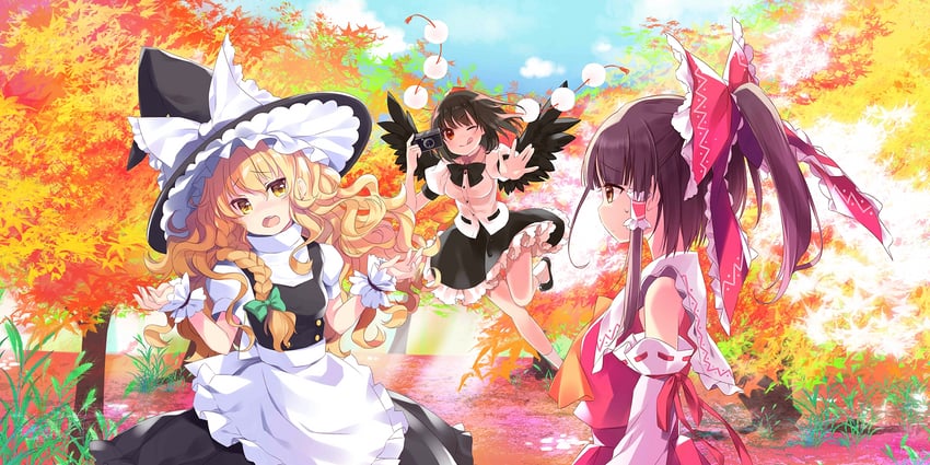 hakurei reimu, kirisame marisa, and shameimaru aya (touhou and 1 more) drawn by hinayuki_usa