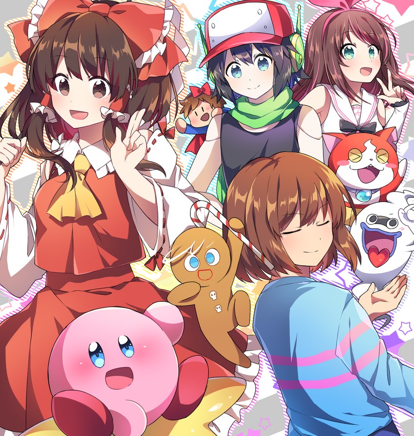 hakurei reimu, kirby, frisk, kizuna ai, jibanyan, and 4 more (touhou and 7 more) drawn by kaoling