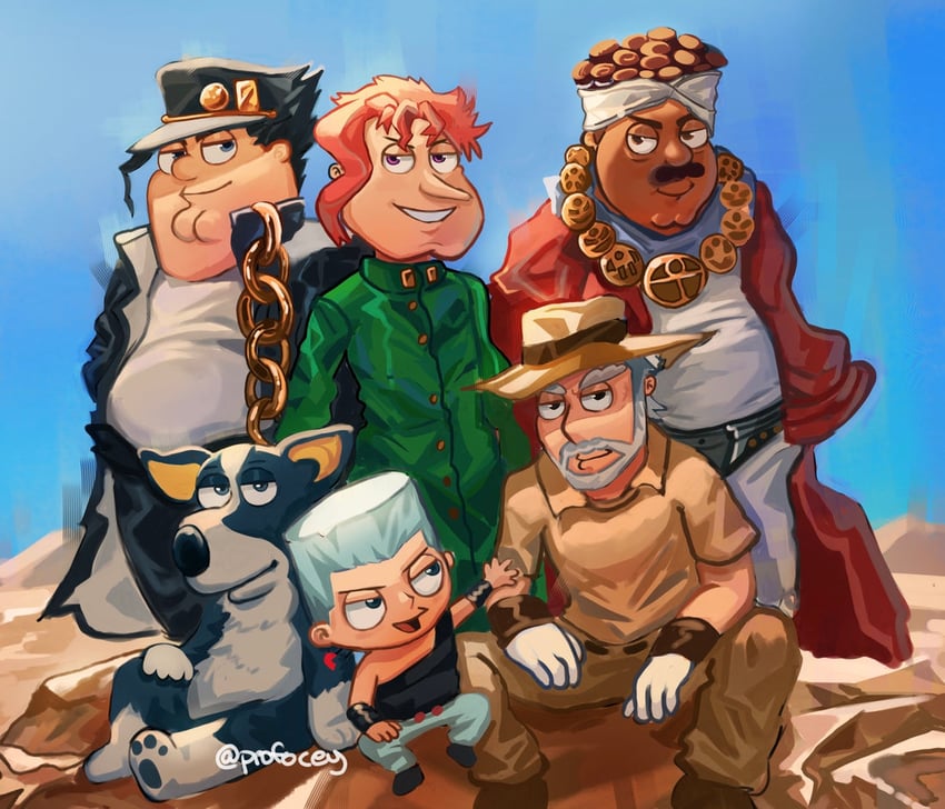 joseph joestar, kujo jotaro, kakyoin noriaki, jean pierre polnareff, mohammed avdol, and 7 more (jojo no kimyou na bouken and 2 more) drawn by profocey