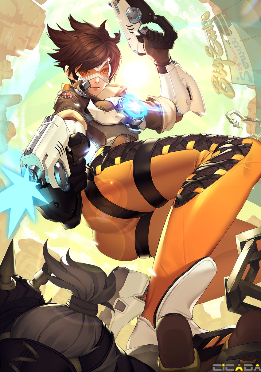 tracer and roadhog (overwatch and 1 more) drawn by cicada_(bloodcicada)