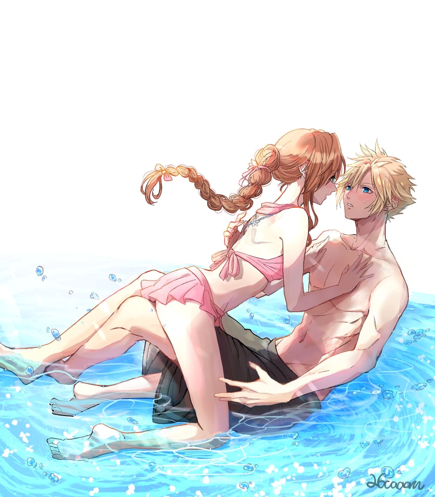 cloud strife and aerith gainsborough (final fantasy and 3 more) drawn by 26caaan