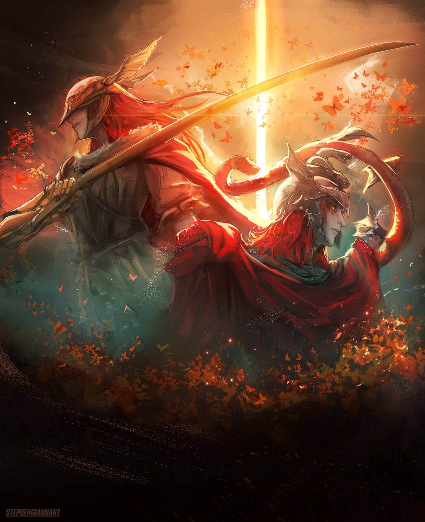 malenia blade of miquella and messmer the impaler (elden ring and 1 more) drawn by stephengiannart