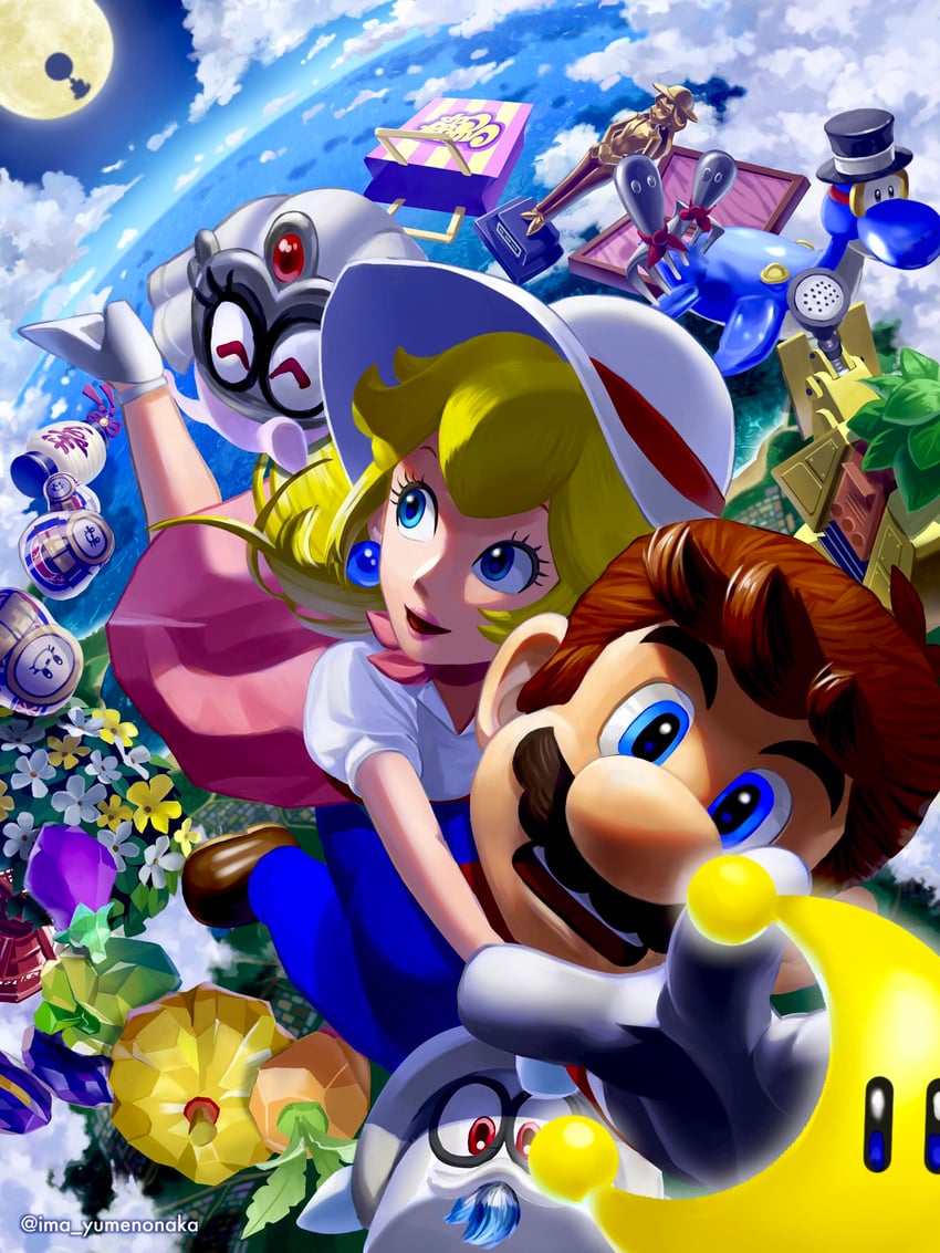 princess peach, mario, pauline, cappy, tiara, and 4 more (mario and 1 more) drawn by yuuma_rimi
