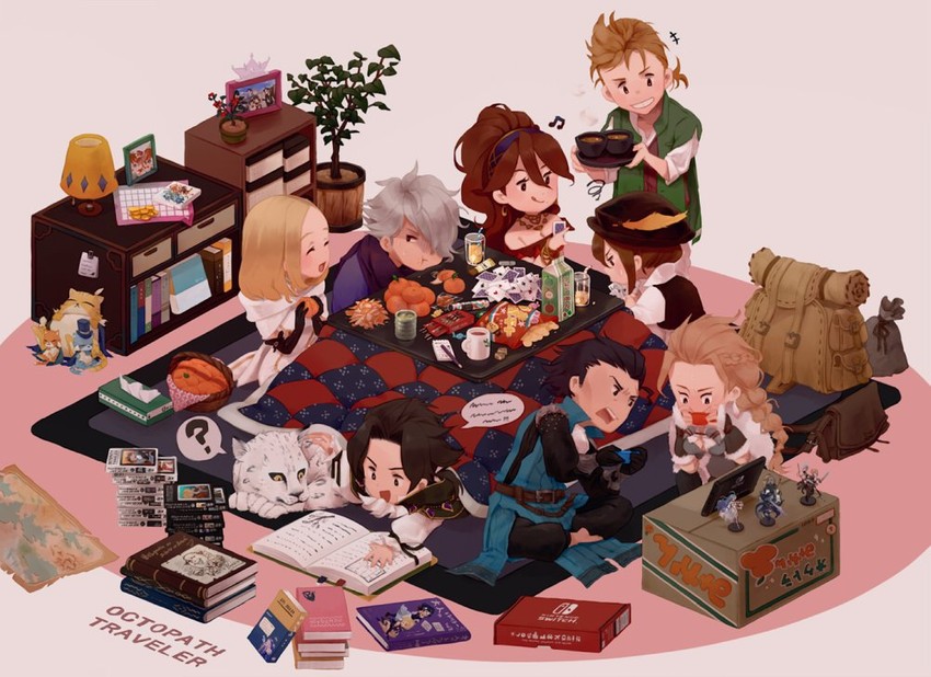 therion, tressa colzione, ophilia clement, primrose azelhart, cyrus albright, and 4 more (octopath traveler and 1 more) drawn by irono16