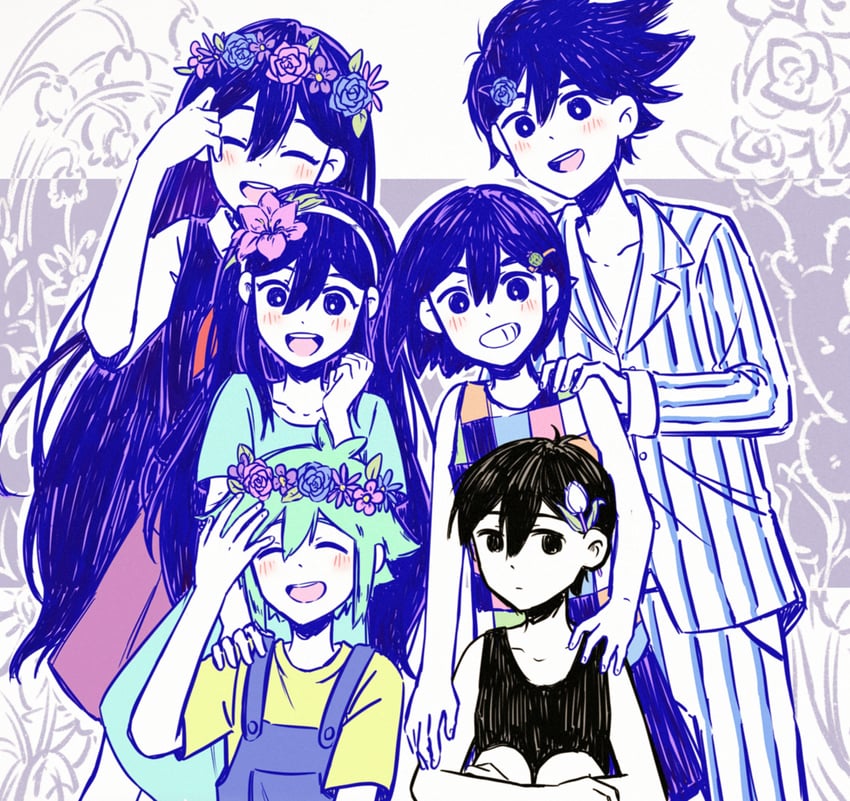 omori, basil, aubrey, mari, kel, and 1 more (omori) drawn by bailan1130