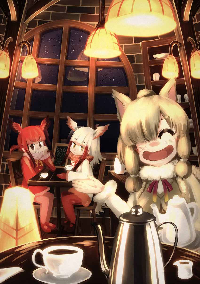 japanese crested ibis, alpaca suri, and scarlet ibis (kemono friends) drawn by akamiya_fumiya