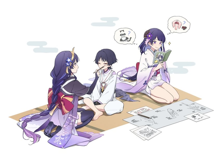 raiden shogun, scaramouche, and makoto (genshin impact) drawn by hei_lang