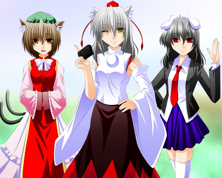 inubashiri momiji, chen, and inaba tewi (touhou) drawn by engo_(aquawatery)