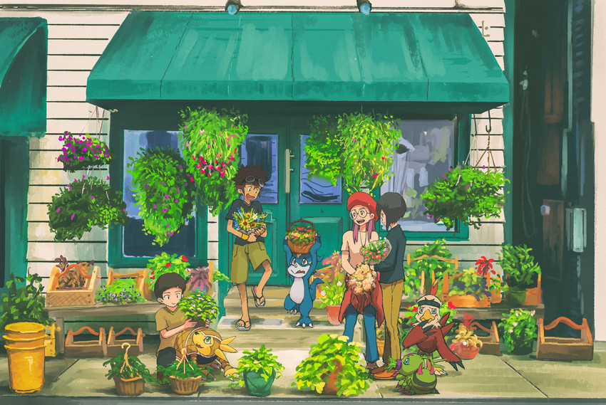 v-mon, motomiya daisuke, inoue miyako, ichijouji ken, wormmon, and 3 more (digimon and 1 more) drawn by kubota_keita
