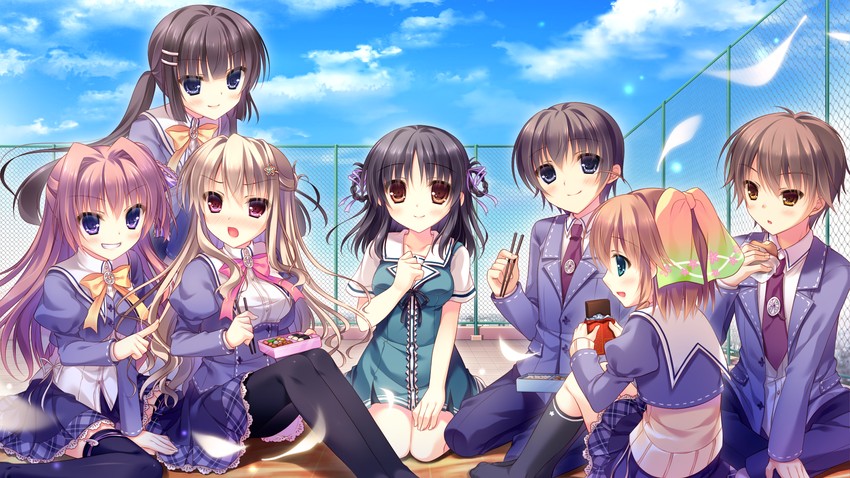 azuse matsuri, nishizono kanna, nasuhara hinagiku, kitao sekka, yuri, and 2 more (kimi e okuru sora no hana) drawn by yukie_(peach_candy)