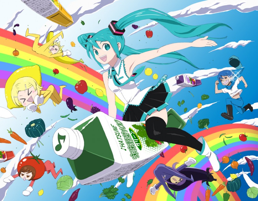 hatsune miku, kagamine rin, kagamine len, kaito, meiko, and 1 more (vocaloid and 1 more) drawn by sunafuki_tabito