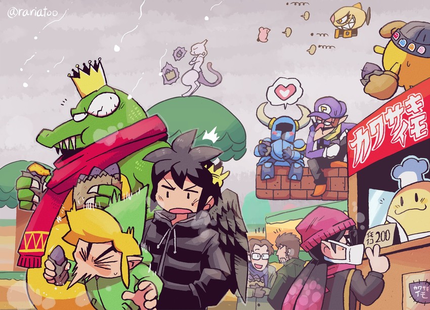 link, kirby, toon link, mewtwo, solid snake, and 9 more (pokemon and 15 more) drawn by rariatto_(ganguri)
