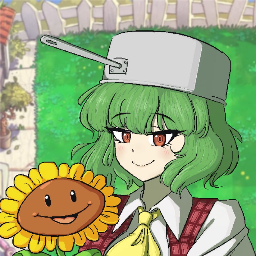 kazami yuuka, sunflower, and crazy dave (touhou and 1 more) drawn by orange_king24