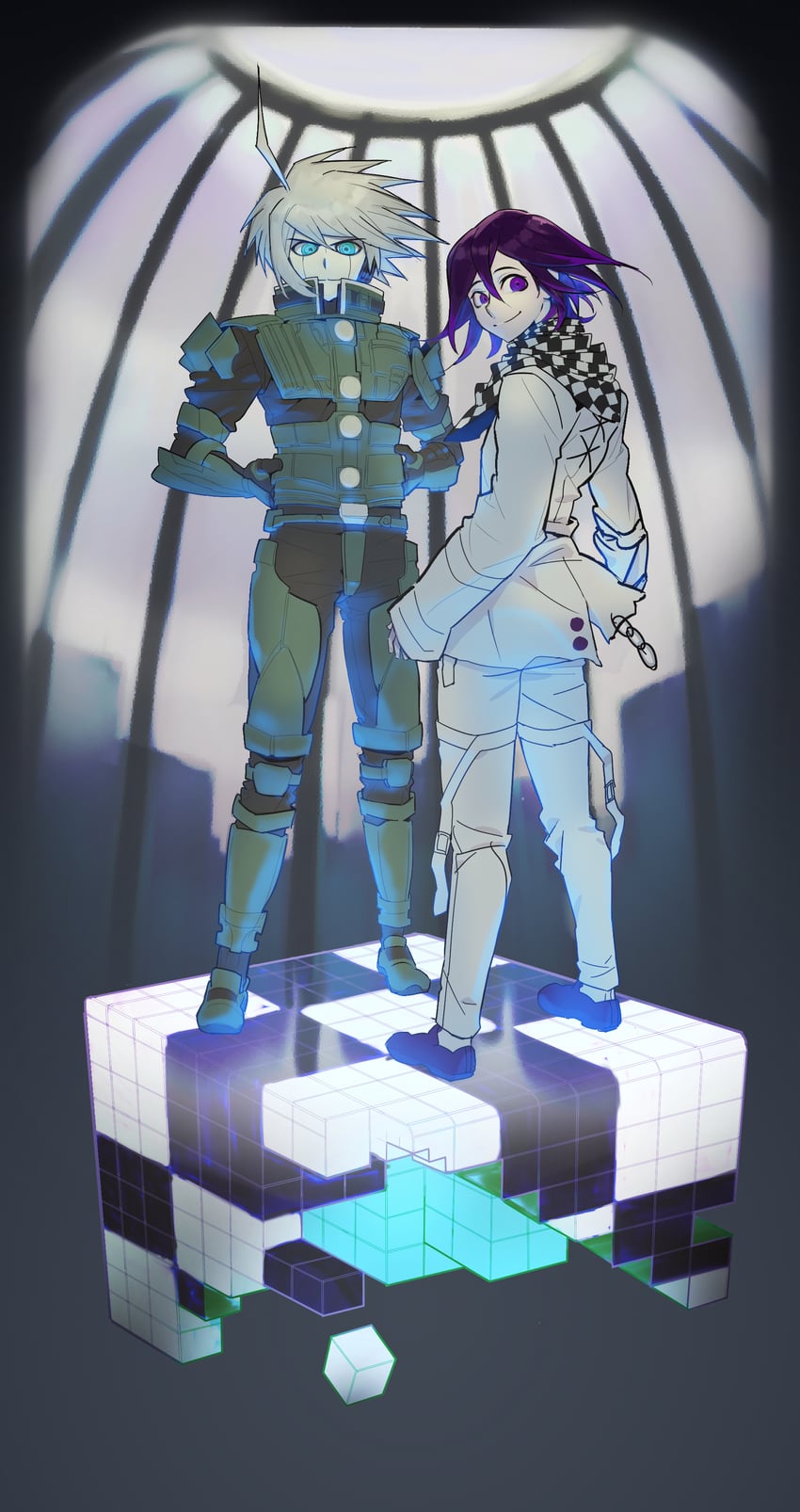 oma kokichi and k1-b0 (danganronpa and 1 more) drawn by gwynni