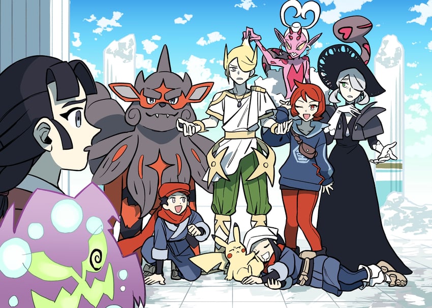 pikachu, akari, rei, volo, arezu, and 5 more (pokemon and 1 more) drawn by yc157_ar