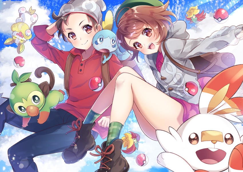 gloria, scorbunny, sobble, victor, grookey, and 2 more (pokemon and 1 more) drawn by miyahana_yu_(artist)