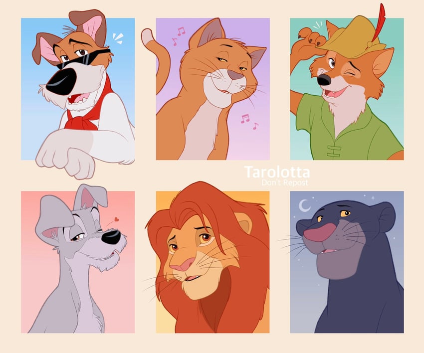 robin hood, simba, tramp, thomas o'malley, bagheera, and 1 more (disney and 6 more) drawn by tarolotta