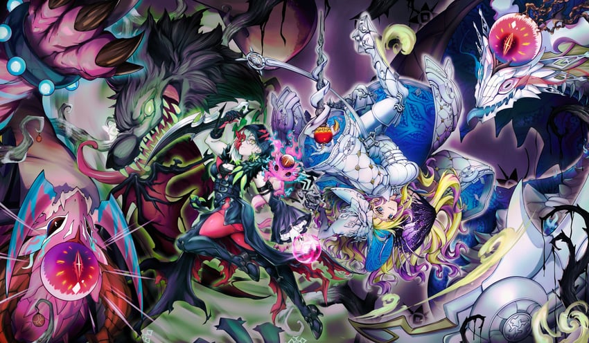 diabellstar the black witch, diabellze the original sinkeeper, snake-eyes poplar, snake-eyes doomed dragon, and snake-eyes diabellstar (yu-gi-oh!) drawn by tostarin