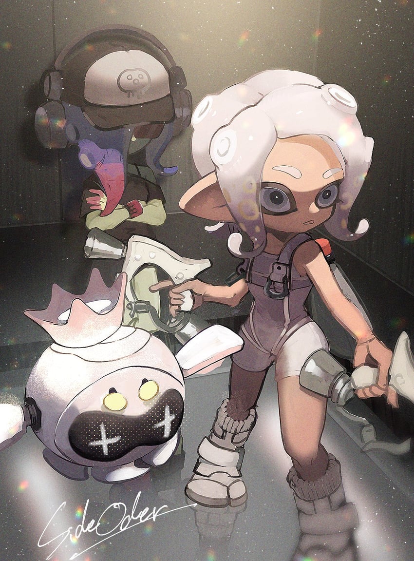 octoling player character, octoling girl, pearl, agent 8, dedf1sh, and 1 more (splatoon and 2 more) drawn by okaranko