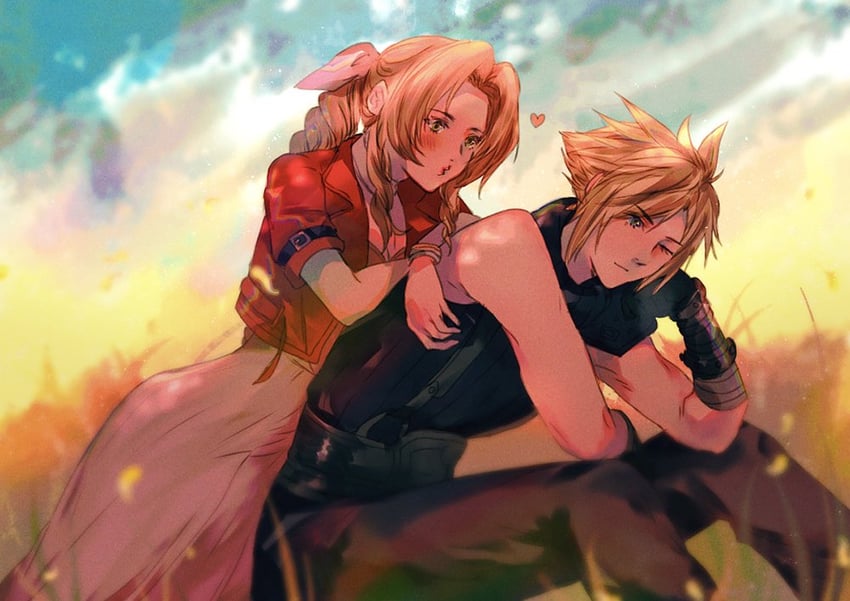 cloud strife and aerith gainsborough (final fantasy and 2 more) drawn by sera_(serappi)