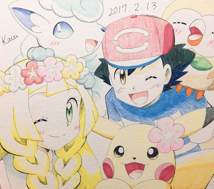 pikachu, lillie, ash ketchum, rowlet, and alolan vulpix (pokemon and 1 more)