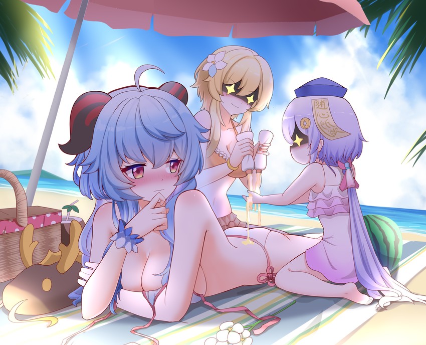 ganyu, lumine, qiqi, and rex lapis (genshin impact) drawn by zhihe_box