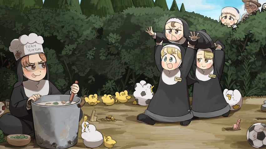 clumsy nun, froggy nun, spicy nun, sheep nun, hungry nun, and 2 more (little nuns) drawn by diva_(hyxpk)