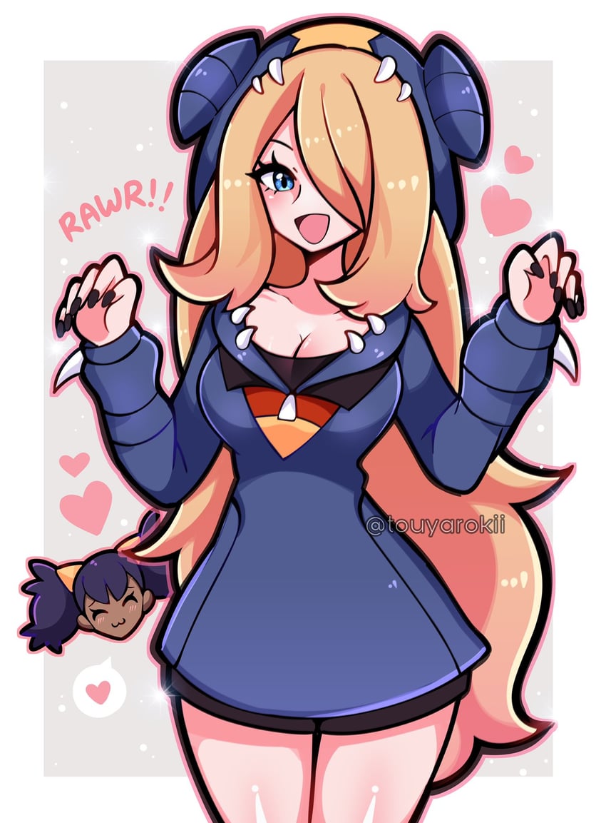 cynthia, iris, and garchomp (pokemon and 2 more) drawn by touyarokii