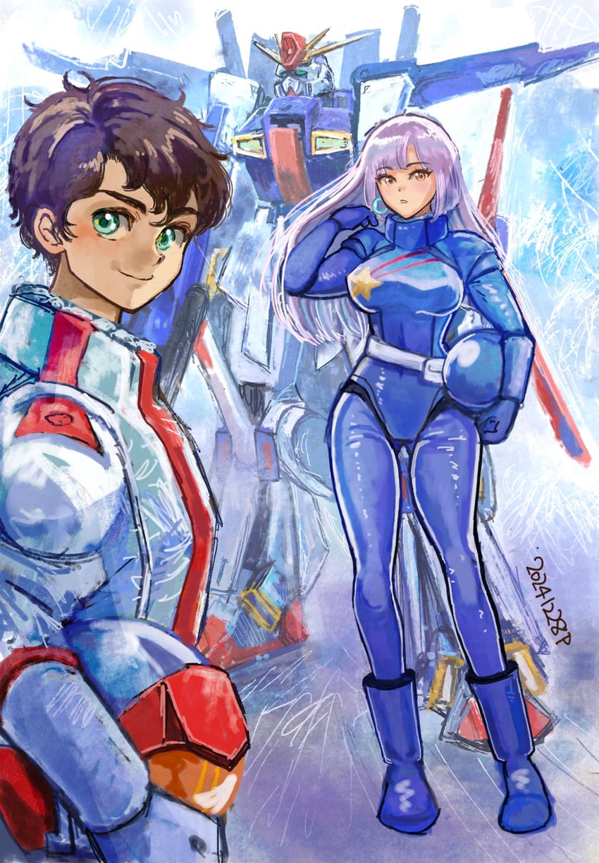judau ashta, roux louka, and zz gundam (gundam and 1 more) drawn by okrdisk2000