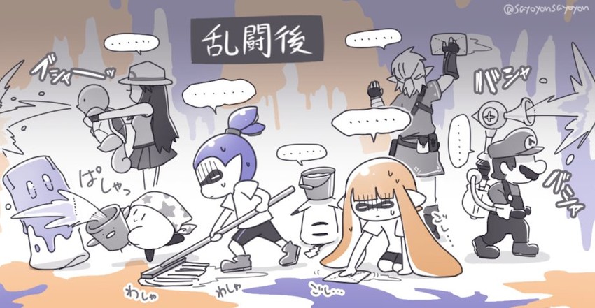 link, inkling player character, pikachu, inkling girl, kirby, and 8 more (pokemon and 11 more) drawn by sayoyonsayoyo