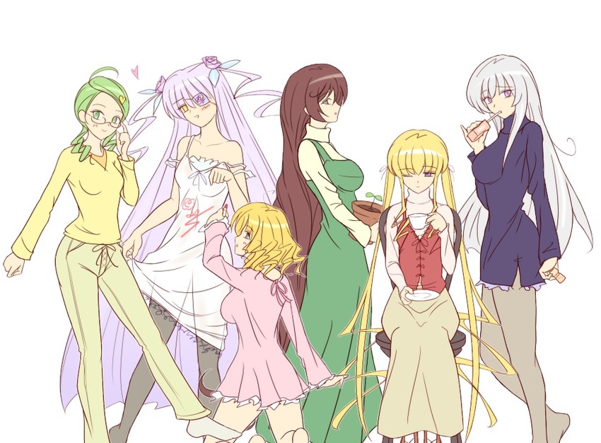 suigintou, shinku, suiseiseki, hinaichigo, kanaria, and 1 more (rozen maiden)