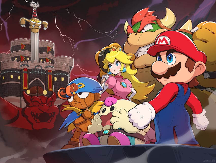 princess peach, mario, bowser, geno, mallow, and 1 more (mario and 1 more) drawn by gonzarez
