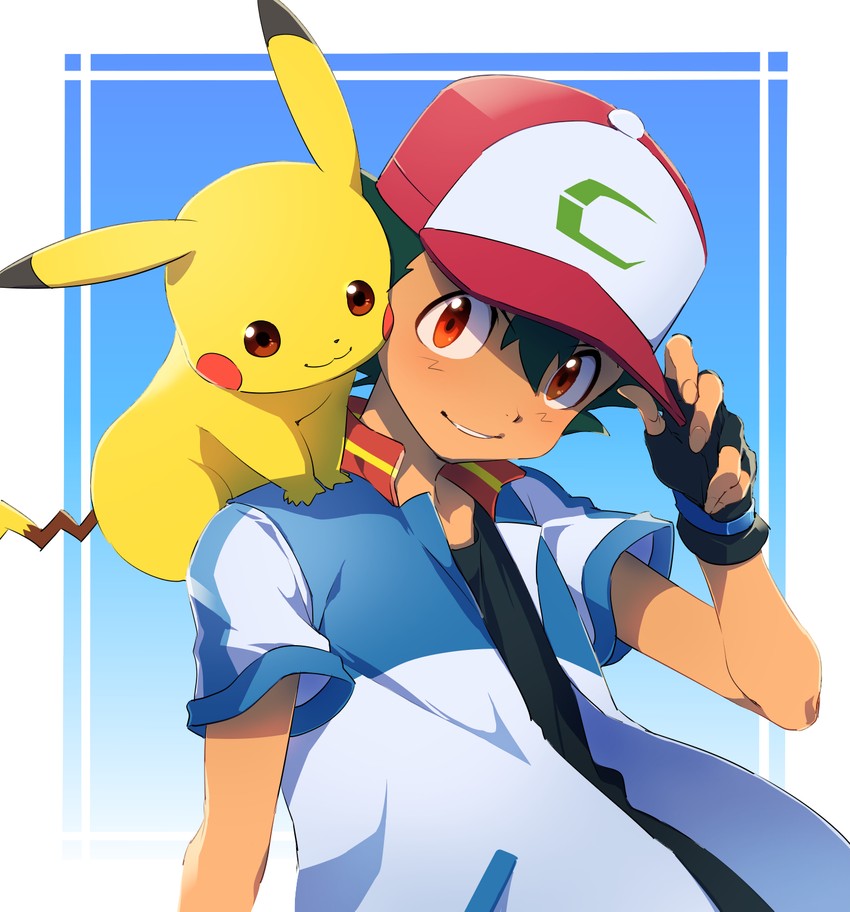 pikachu and ash ketchum (pokemon and 1 more) drawn by ameiro_pk