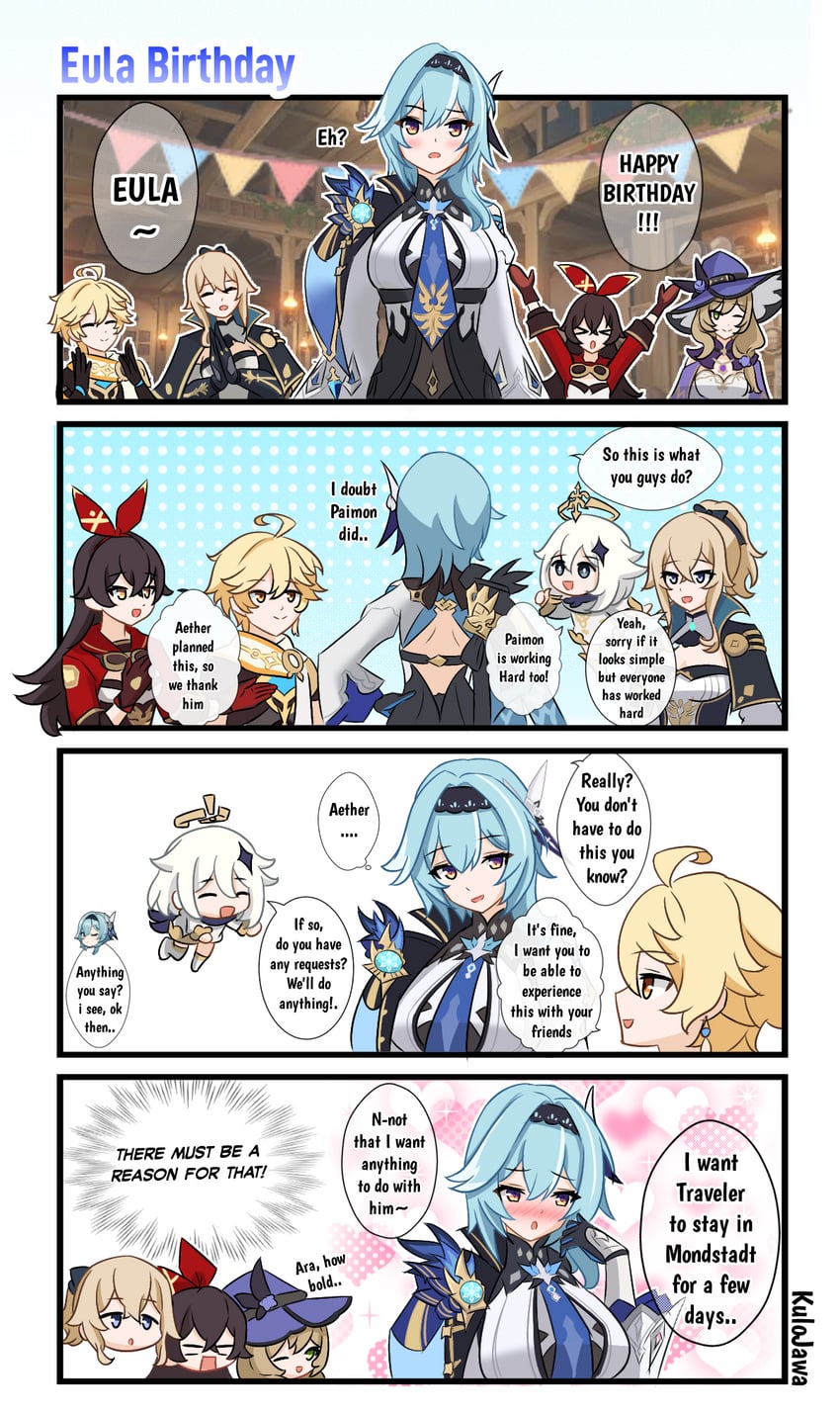 aether, paimon, eula, jean, amber, and 1 more (genshin impact) drawn by kulojawa