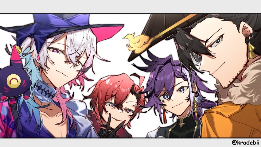 gavis bettel, machina x flayon, banzoin hakka, josuiji shinri, and phantom (holostars and 1 more) drawn by kradebii