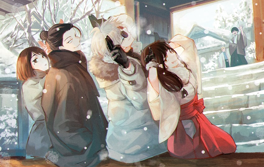gojou satoru, getou suguru, nanami kento, ieiri shoko, iori utahime, and 1 more (jujutsu kaisen) drawn by suvin_(mononochi)