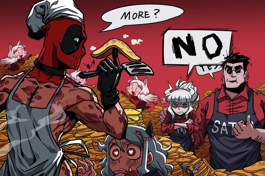 lucifer, deadpool, modeus, helltaker, and cerberus (marvel and 2 more) drawn by black_giraffe