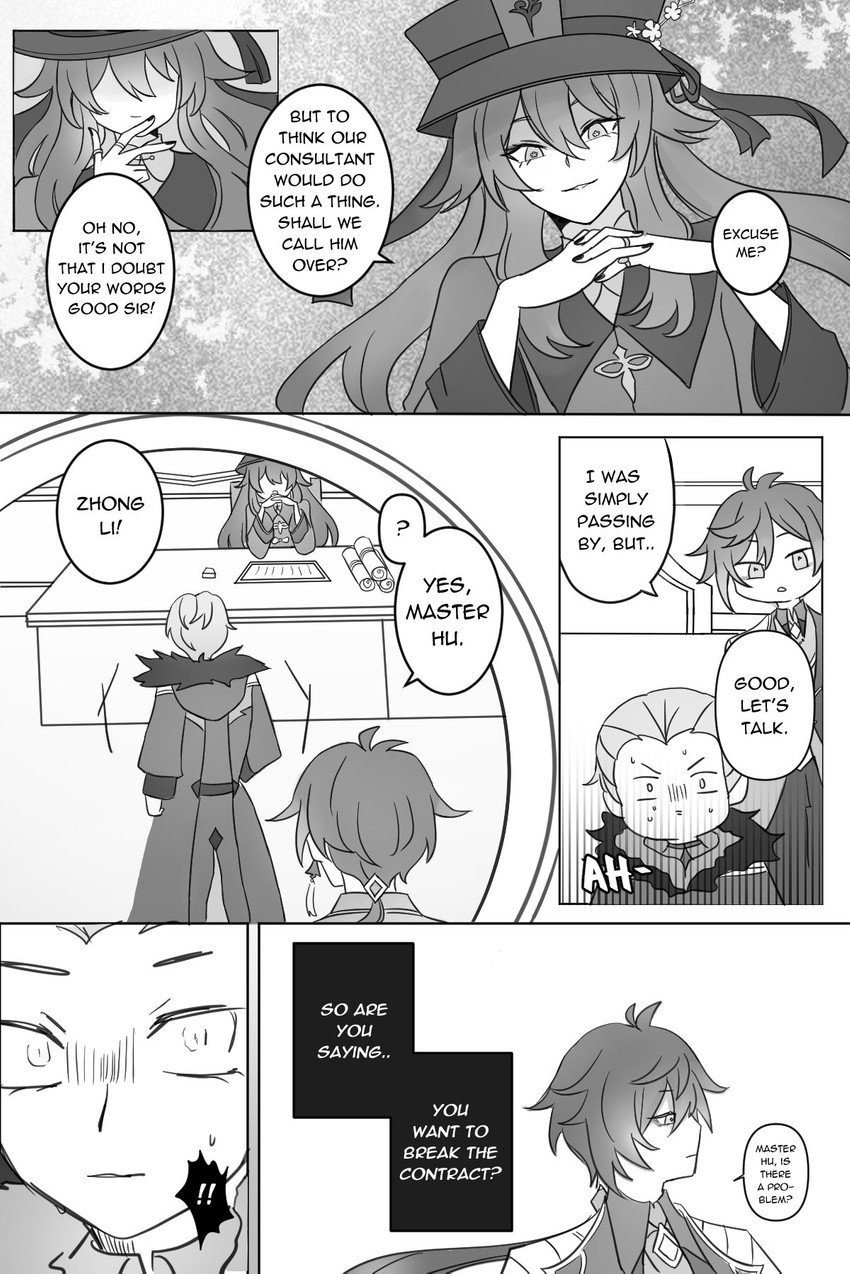 hu tao, zhongli, and kliment (genshin impact) drawn by coffee_raya