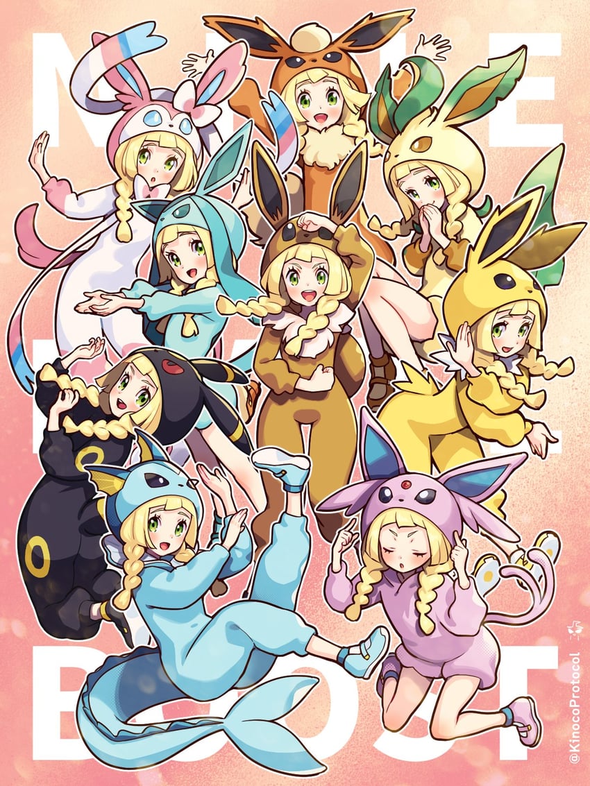 lillie, eevee, sylveon, umbreon, glaceon, and 5 more (pokemon and 1 more) drawn by kinocopro